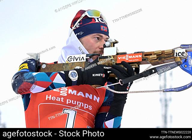 Sturla Holm Laegreid of Norway in action during the warm up before the Single Mixed Relay event of the IBU World Cup Biathlon in Ostersund, Sweden, on Nov