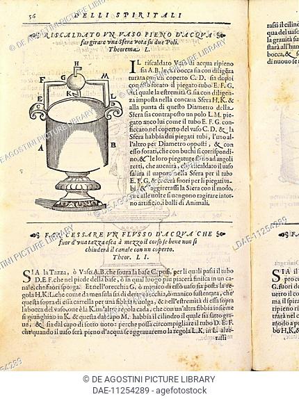 Aeolipile, steam engine, engraving from Gli artifitiosi et curiosi moti spiritali di Herone, translation by Giovanni Battista Aleotti of Hero of Alexandria's...
