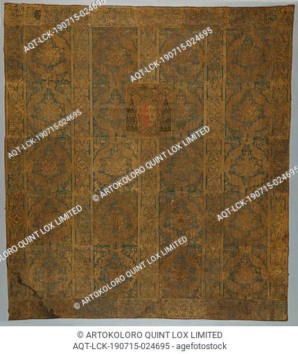 Fragment of golden leather, Square piece of golden leather, formed from pieces of 'Corduan' leather sewn together. The decoration in gold on a gold-blue...