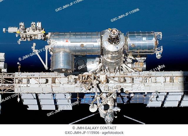 A close-up view of a section of the International Space Station is featured in this image photographed by an STS-134 crew member on the space shuttle Endeavour...