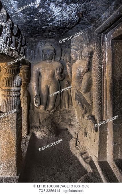Cave 23, Antechamber, on the left is standing Buddha in varada mudra and Bodhisattva, Nasik, Maharashtra