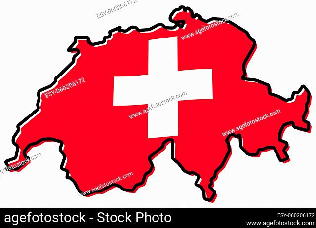 Simplified map of Switzerland outline, with slightly bent flag under it