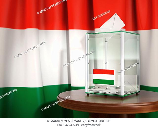 Ballot box with flag of Hungary and voting papers. Hungarian presidential or parliamentary election. 3d illustration