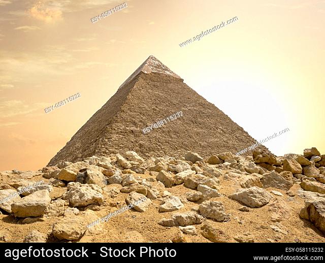 Ancient Khafre pyramid in the desert of Giza, Egypt