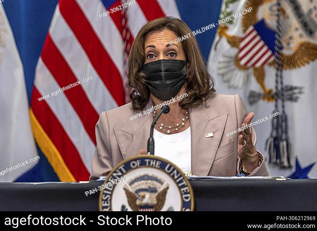 United States Vice President Kamala Harris speaks while meeting with North Carolina state legislators on reproductive rights at the Carole Hoefener Center in...