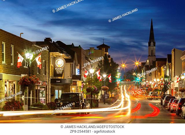 A view looking north from the bottom of Main Street at dusk. Downtown, Newmarket, Ontario, Canada