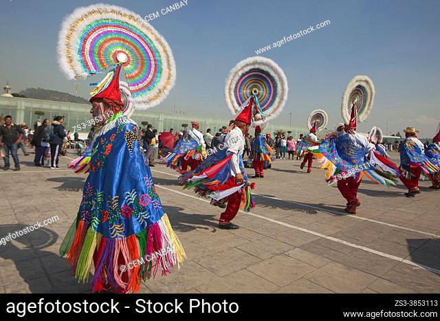 Totonacan indigenous dancers from Papantla-Veracruz in traditional costumes, perform the Dance of the Guaguas at the pilgrimage to Our Lady of Guadalupe...