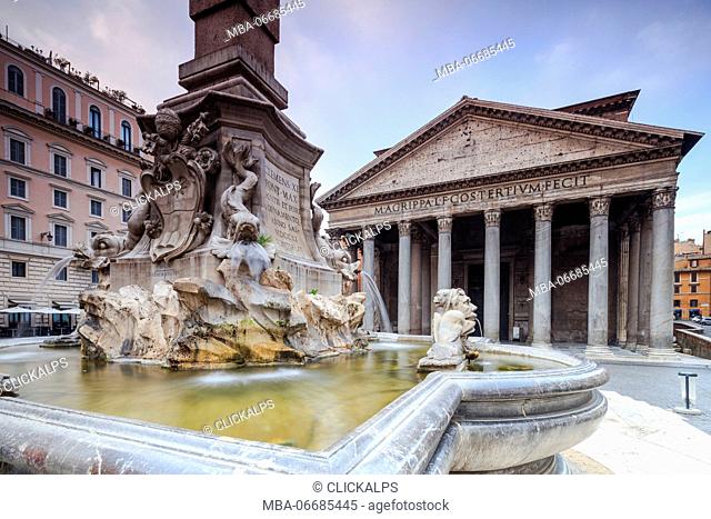 View of old Pantheon a circular building with a portico of granite Corinthian columns and its fountains Rome Lazio Italy Europe