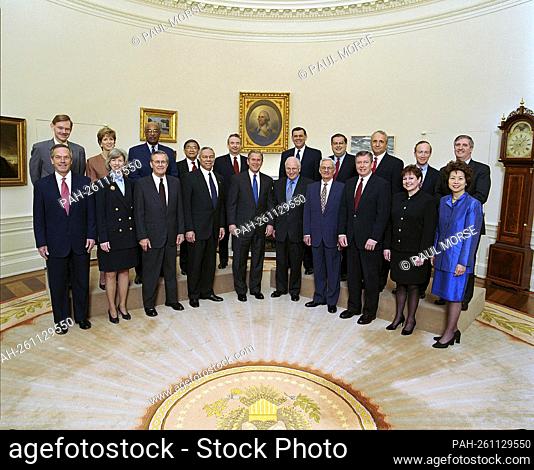 United States President George W. Bush's cabinet photographed on April 9, 2001 in the Oval Office of the White House in Washington, D.C
