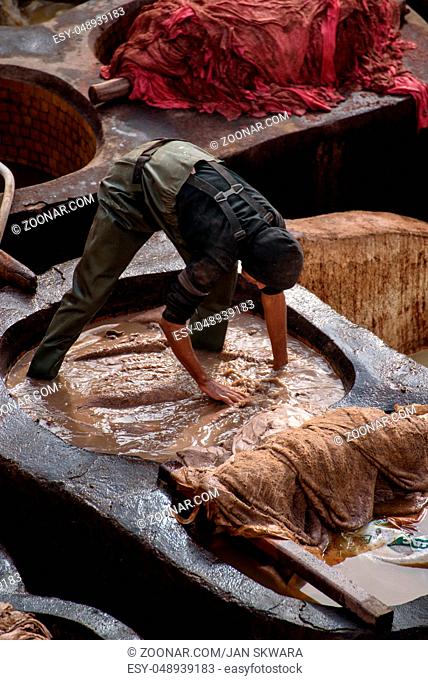 Men working in the Chouara Tannery in the middle of souk in Fez, Morocco. Traditional leather tannery from the 11th century is now biggest tourits attraction in...