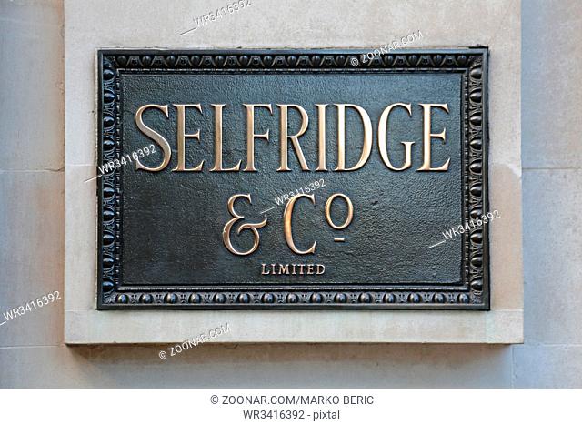 LONDON, UNITED KINGDOM - NOVEMBER 21, 2013: Selfridge Luxury Department Store Plaque Sign at Oxford Street in London, United Kingdom