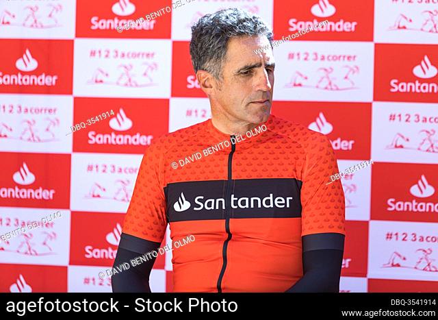 Ex-cyclist Miguel during the press conference before celebrating the race in Madrid, Spain Jun 13, 2020. The former Tour de France winner cyclist competes in a...