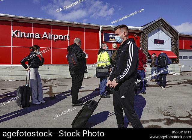 Kiruna, Sweden Passengers arrive with an SAS flight from Stockholm at Kiruna airport wearing obligatory masks