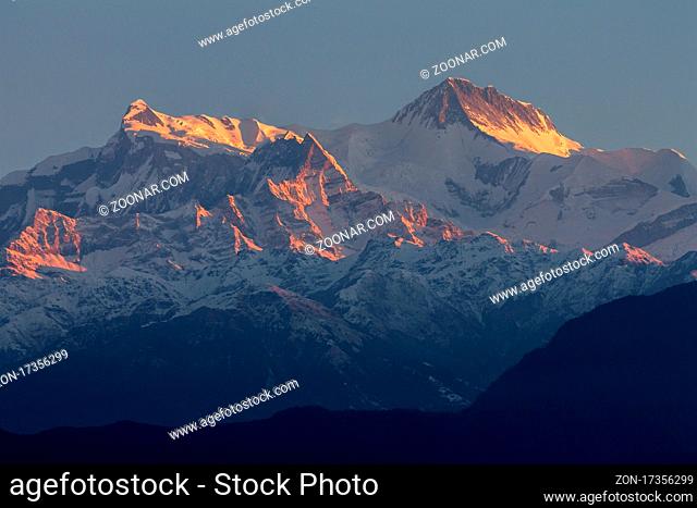 Annapurna II (7937m) and Annapurna IV (7525m; left) seen from Sarangkot at sunrise on a clear January morning. Annapurna Massif