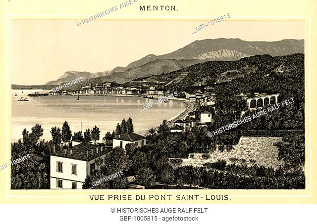 Europe, France, Alpes Maritimes, Menton, view to town and to the bridge Saint-Louis, image from the leporello book Alpes Maritimes , photo lithography