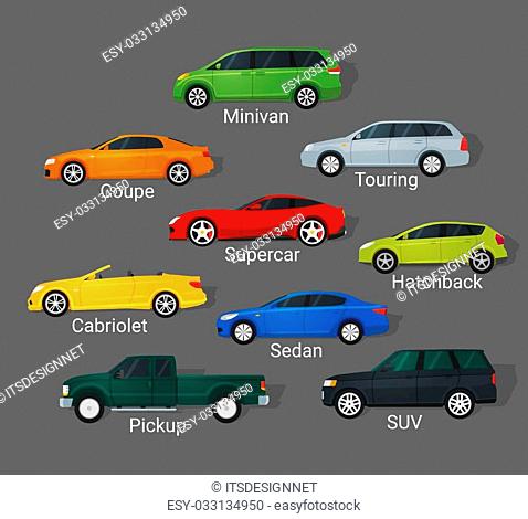 Different car types icons set in detailed flat style. Sedan and minivan, hatchback and coupe. Car sale concept