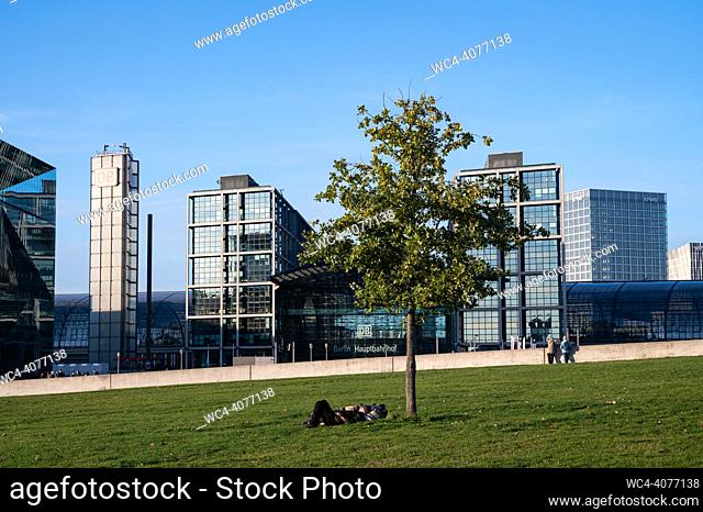 Berlin, Germany, Europe - View from Spreebogenpark of the Berlin Central railway station at Washingtonplatz square, north of the Spree River in Mitte district