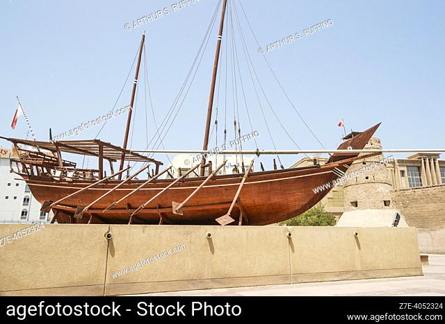 Traditional dhow boat on display. Al Fahidi Fort, United Arab Emirates, Middle East