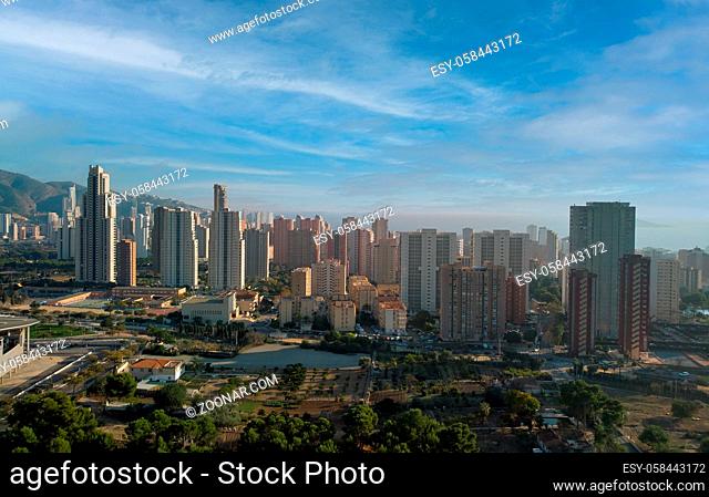 Modern skyscrapers of Benidorm city during sunny day. Province of Alicante, Costa Blanca, Spain