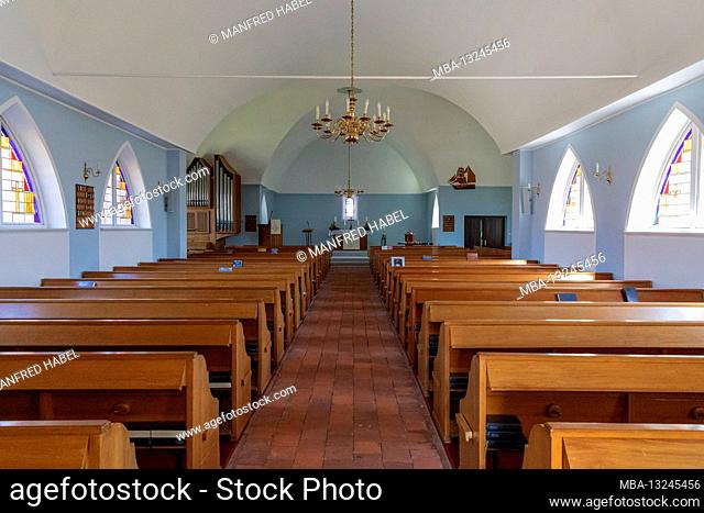 Interior shot, Protestant island church, Westdorf, East Frisian island Baltrum, Lower Saxony