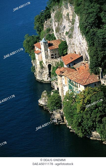 Aerial view of the sanctuary of Santa Caterina del Sasso at Leggiuno, Lake Maggiore - Province of Varese, Lombardy Region, Italy