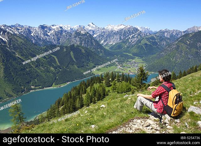 View of Lake Achensee from the Durra Cross, Tyrol, Austria, Europe