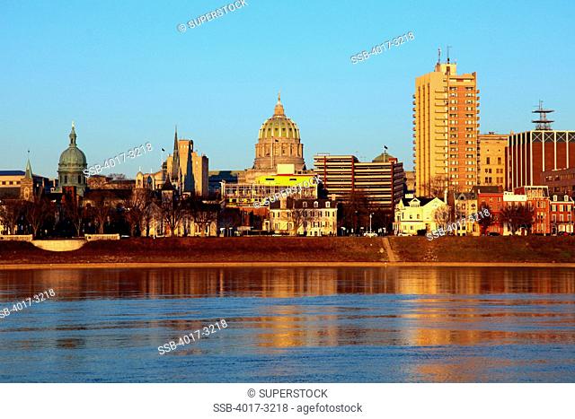 Downtown skyline of Harrisburg from across the Susquehanna River on City Island, Dauphin County, Pennsylvania, USA