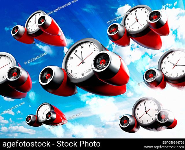 Clocks pointing different times with jet engines. 3D illustration