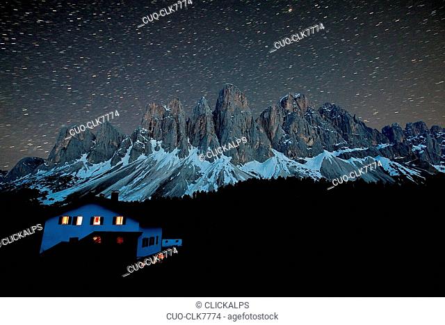 Starry sky landscape over the Odle from the hut Malga Glatsch, Funes Valley, Dolomites, Trentino-Alto Adige, Italy, Europe