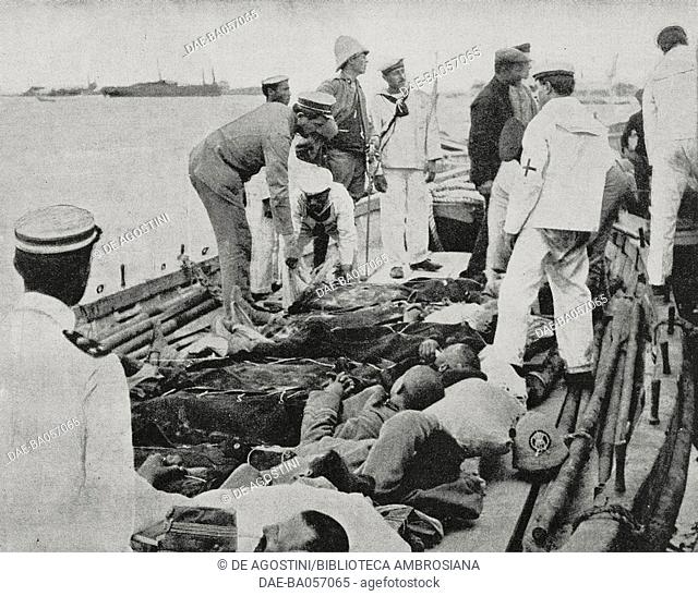 Italian wounded soldiers transported aboard a hospital ship, Tripoli, Libya, Italo-Turkish War, photo from L'Illustration, No 3585, November 11, 1911