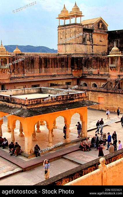 View of the fourth courtyard in Amber Fort near Jaipur, Rajasthan, India. Amber Fort is the main tourist attraction in the Jaipur area