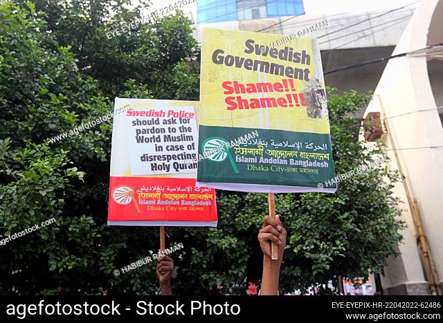 DHAKA, BANGLADESH - APRIL 22, 2022: Activists of the Islami Andolan Bangladesh party take part during a demonstration against the dishonour of the Holy Quran in...