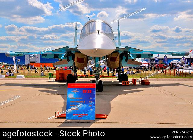 MOSCOW, RUSSIA - AUG 2015: strike fighter Su-34 Fullback presented at the 12th MAKS-2015 International Aviation and Space Show on August 28, 2015 in Moscow