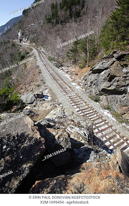 Crawford Notch State Park - Looking east from the “The Gateway” along the Maine Central Railroad in the White Mountains, New Hampshire USA  Chartered in 1867 as...