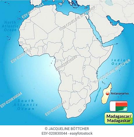 Umgebungskarte von Madagaskar mit Hauptstädten in Pastelorange