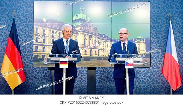 Czech Prime Minister Bohuslav Sobotka (right) meets chairman of Germany's Bundesrat and Saxony's Minister-President Stanislaw Tillich (left) to discuss...