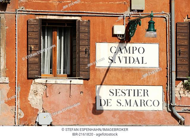 Facade with signs, Campo S. Vidal and Sestier de S. Marco, San Marco, Venice, Veneto, Italy, Europe