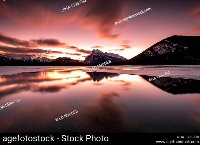 Dramatic sunrise at Vermilion Lakes in the Canadian Rocky Mountains, Banff National Park, UNESCO World Heritage Site, Alberta, Canada, North America