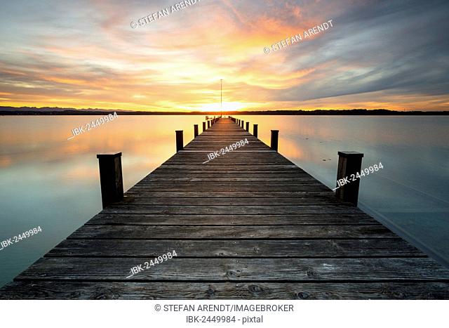Jetty, sunset on Lake Starnberg at Ambach, Bavaria, Germany, Europe, PublicGround