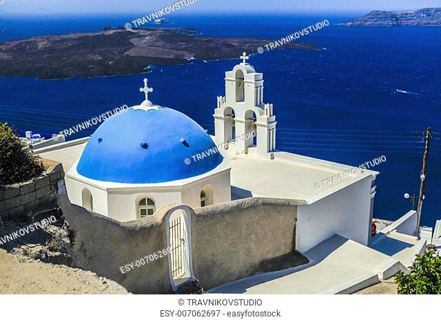 Blue famouse dome church at Firostefani on Santorini island in Greece