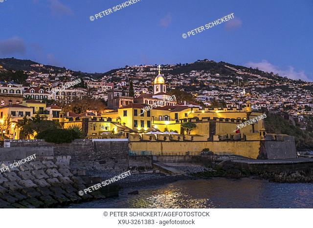 fortress Forte de Sao Tiago and the church Igreja do Socorro at dusk, Funchal, Madeira, Portugal, Europe