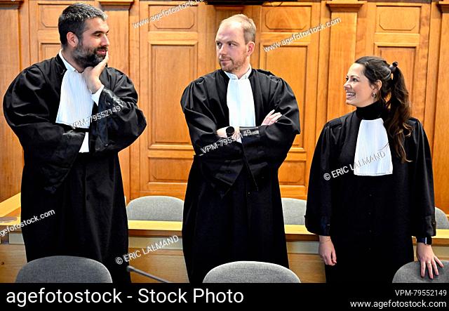 Lawyer Jan-Pieter Everts, Lawyer Toon Muysewinkel and Lawyer Jana Allard representing the civil parties pictured during the jury constitution session for the...