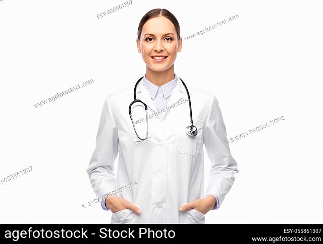 happy smiling female doctor in white coat