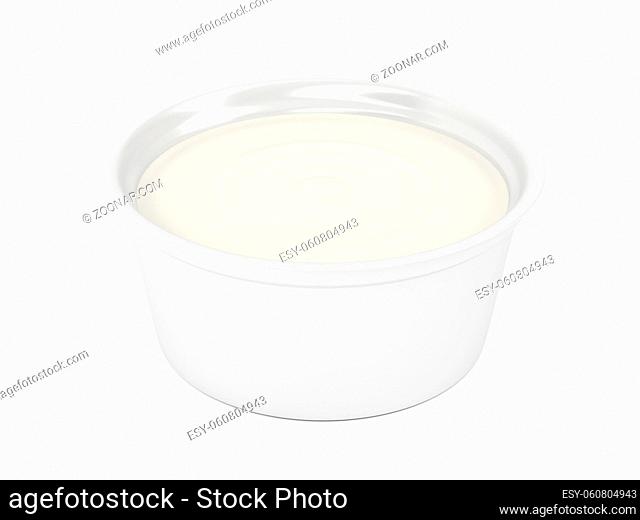 Margarine, butter or cream cheese in plastic packaging on white background