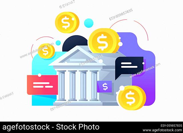 Icon of bank money box saving gold coins. Isolated concept building for modern security cash using web technology. Vector illustration