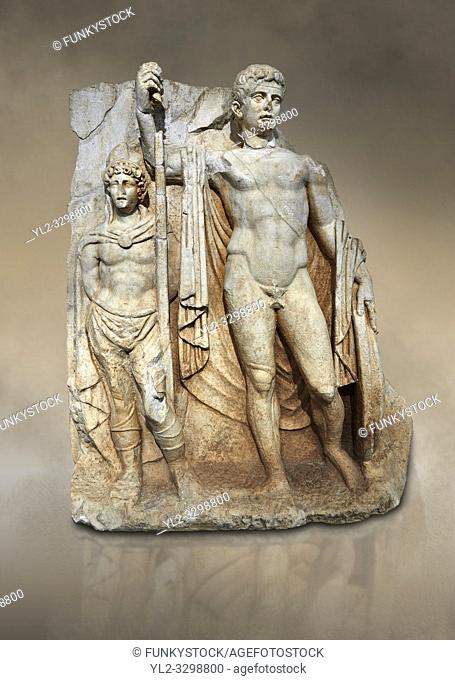 Roman Sebasteion relief sculpture of emperor Tiberius with a captive Aphrodisias Museum, Aphrodisias, Turkey. Against an art background.