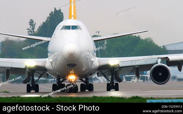 ALMATY, KAZAKHSTAN - MAY 4, 2019: Cargo Airplane Polar Air Boeing 747 taxiing before departure. Almaty International Airport, Kazakhstan