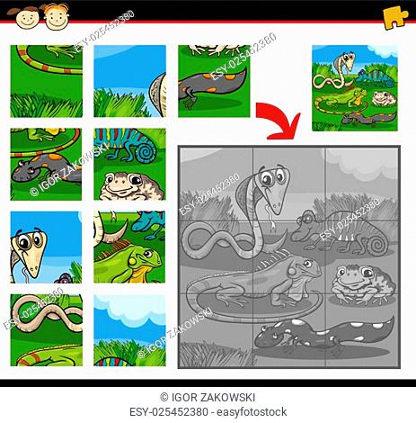 Cartoon Illustration of Education Jigsaw Puzzle Game for Preschool Children with Reptiles and Amphibians Animals Characters Group