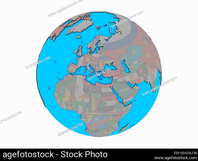 Greece with embedded national flag on blue political 3D globe. 3D illustration isolated on white background