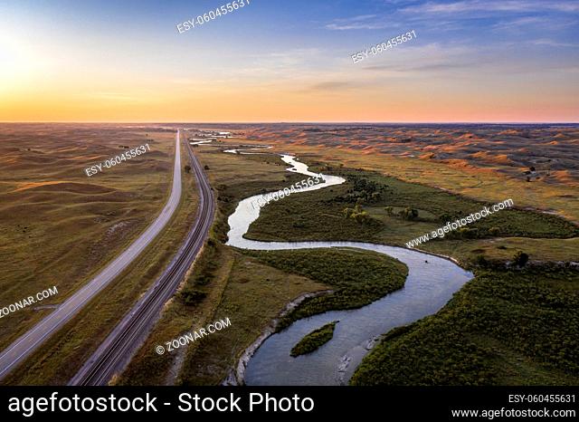 dawn over a river meandering through Nebraska Sandhills - aerial view of Middle Loup River near Halsey